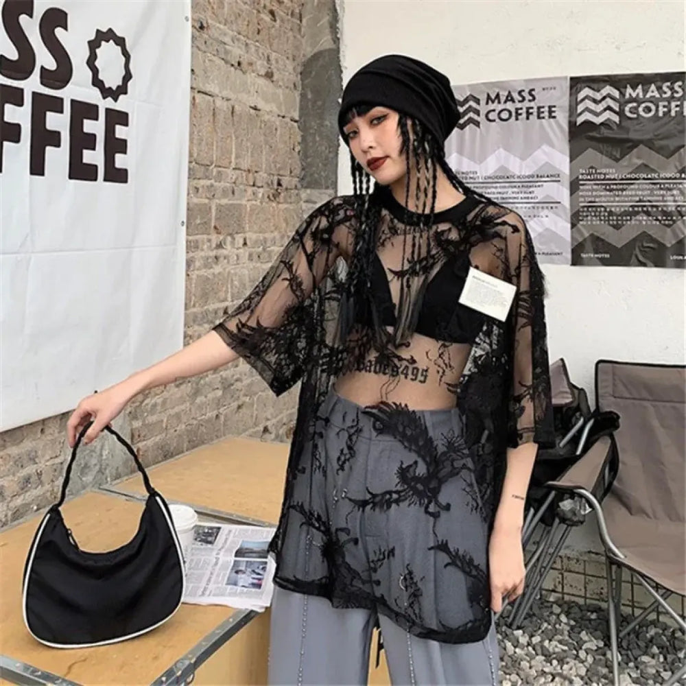 Y2K Mesh Lace Oversized See-Through Tee - T-Shirts - T-Shirt - 1