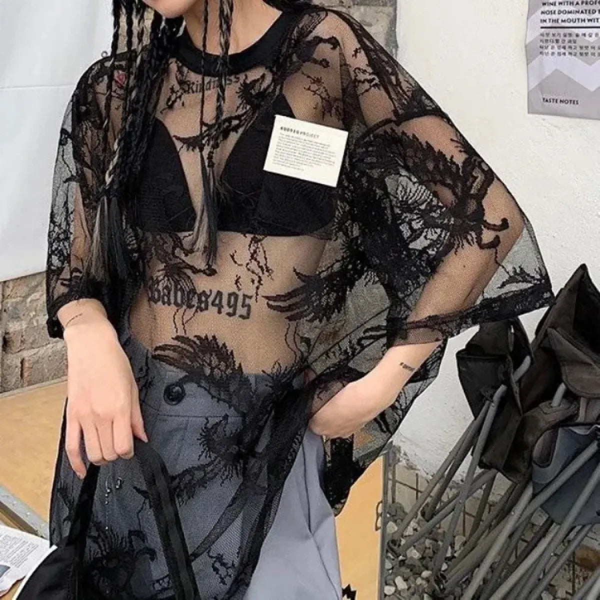Y2K Mesh Lace Oversized See-Through Tee - T-Shirts - T-Shirt - 6