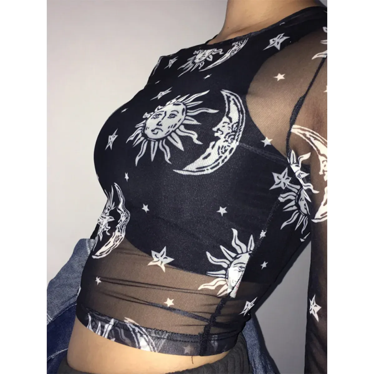 Harajuku Sun Moon Mesh Long Sleeve Top - Tops & Tees - Tops - 2