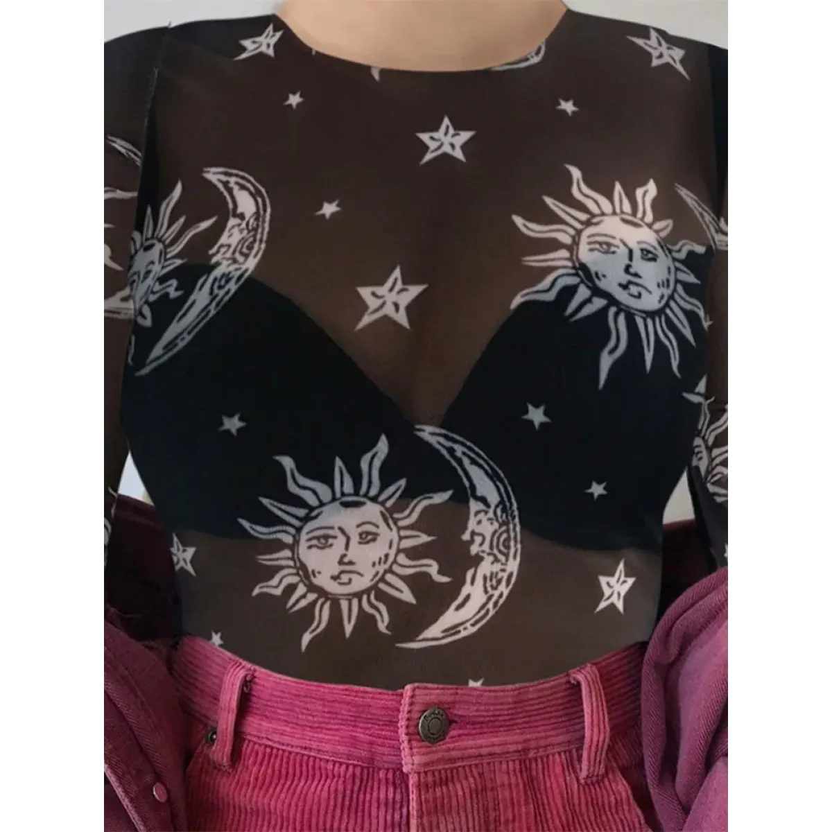 Harajuku Sun Moon Mesh Long Sleeve Top - Tops & Tees - Tops - 3