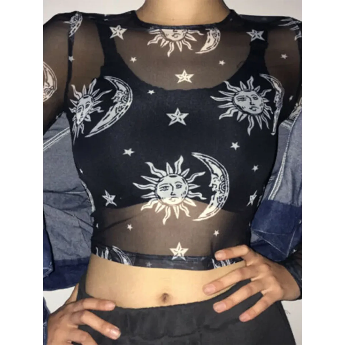 Harajuku Sun Moon Mesh Long Sleeve Top - Tops & Tees - Tops - 4