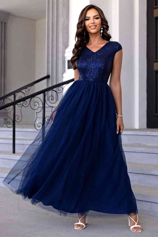 Sequin V-Neck Mesh Maxi Dress - Navy / XS - All Dresses - Dresses - 1 - 2024