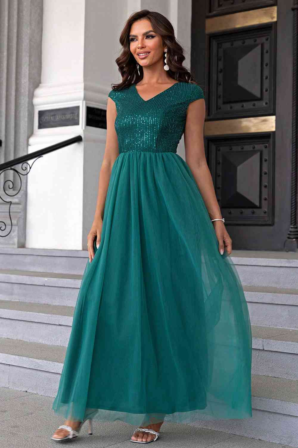 Sequin V-Neck Mesh Maxi Dress - Teal / XS - All Dresses - Dresses - 13 - 2024