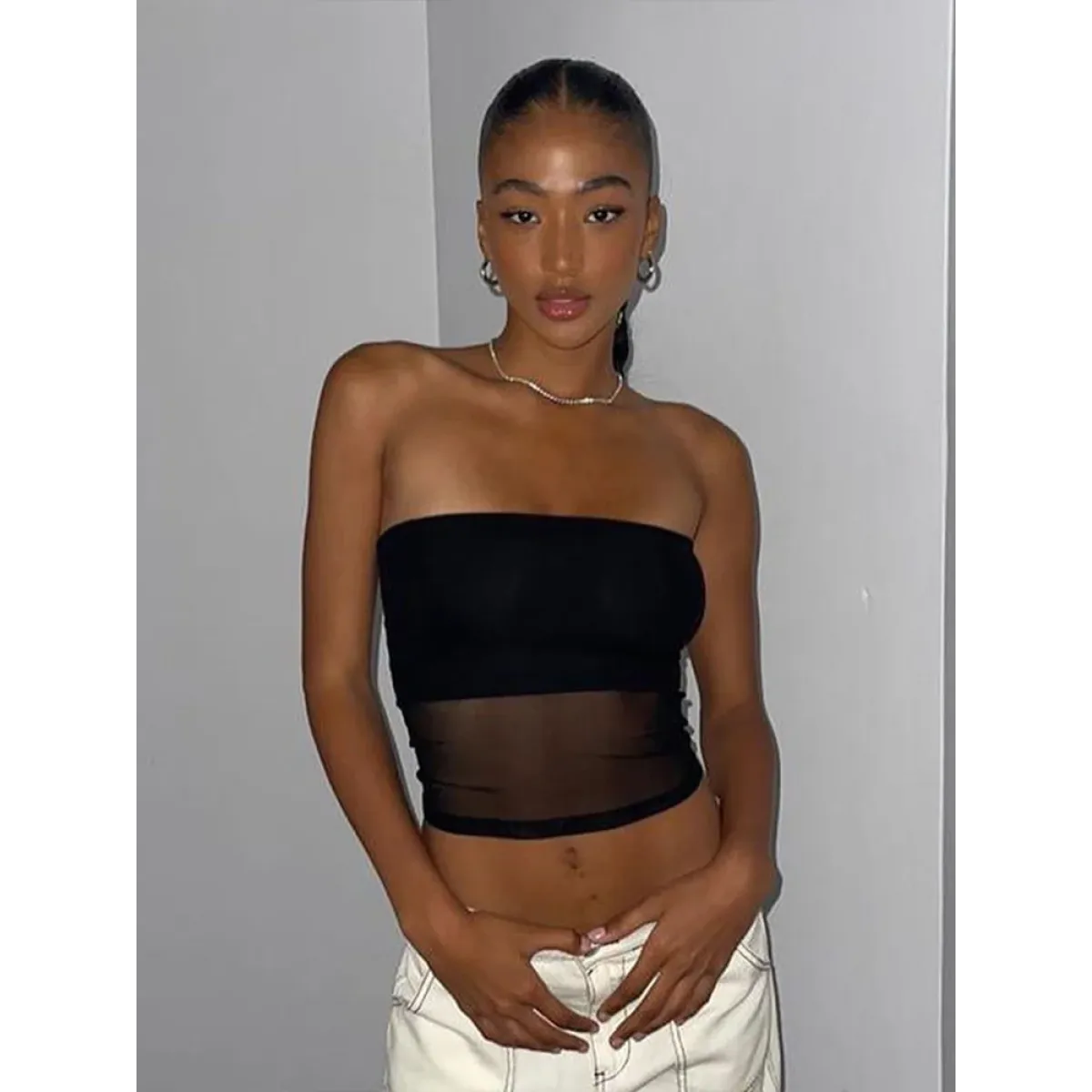 Gothic Mesh Panel Strapless Tube Top - Tops & Tees - Tops - 2