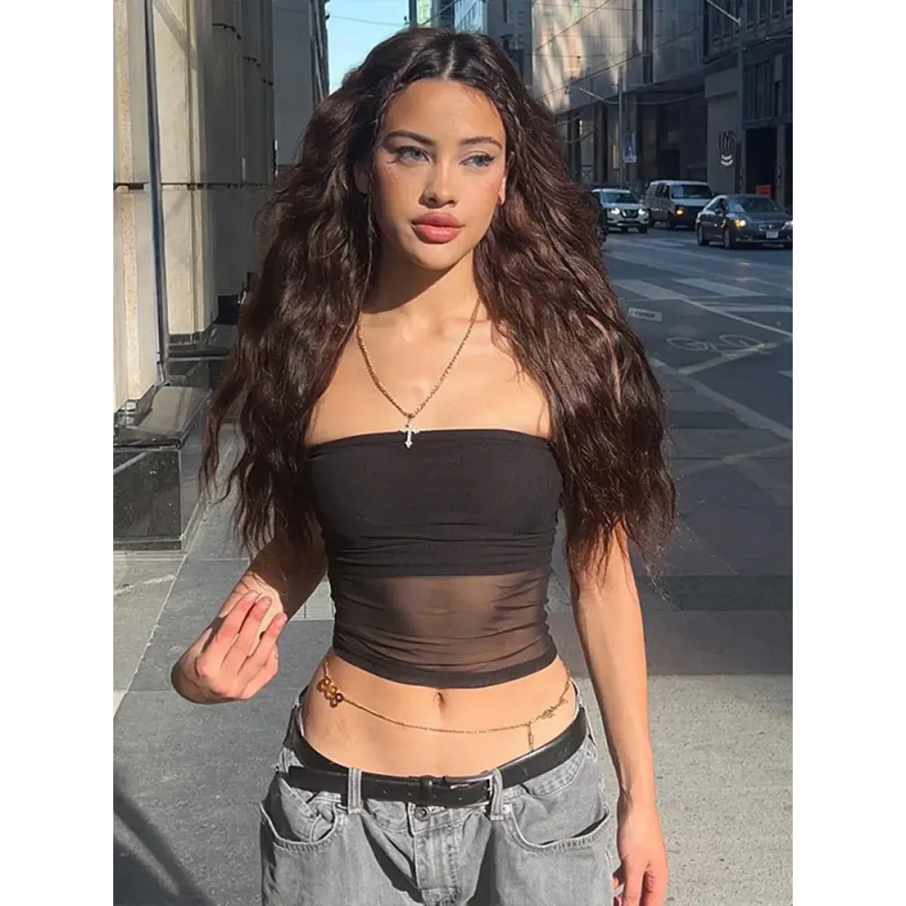 Gothic Mesh Panel Strapless Tube Top - Tops & Tees - Tops - 4