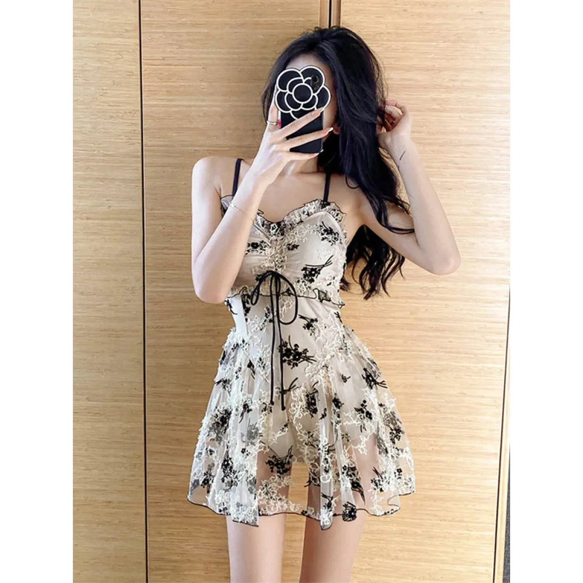 Floral Embroidered Lace-Up Mesh Swimsuit Dress - All Dresses - Swimsuits - 3