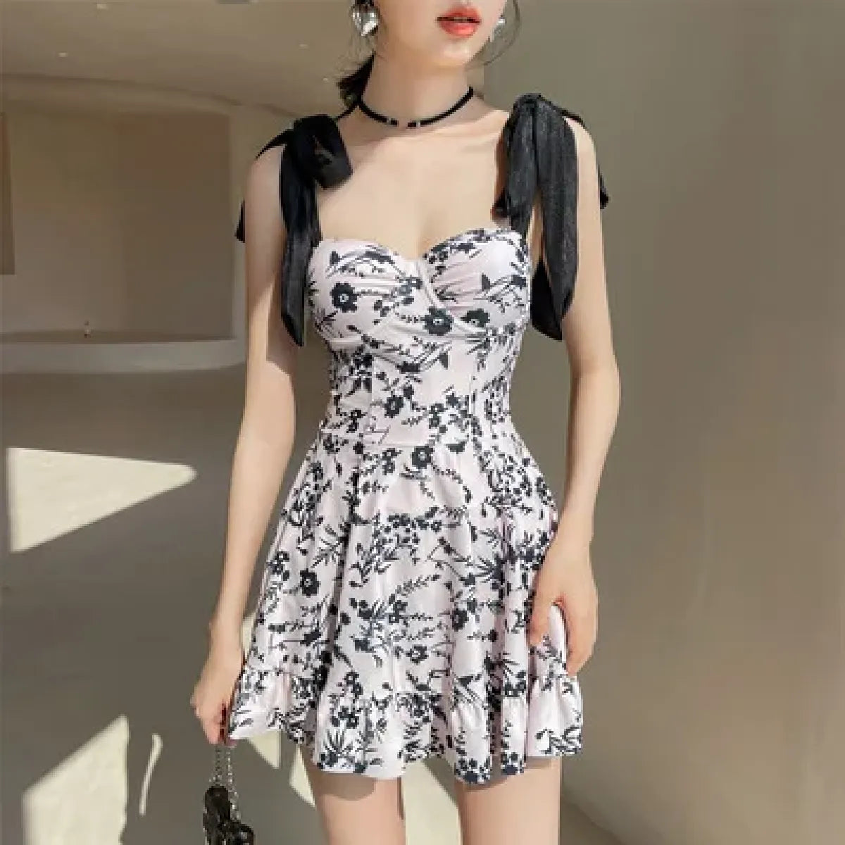 mesh swimsuit dress Floral Embroidered Lace-Up Mesh Swimsuit Dress for – Kawaii Stop
