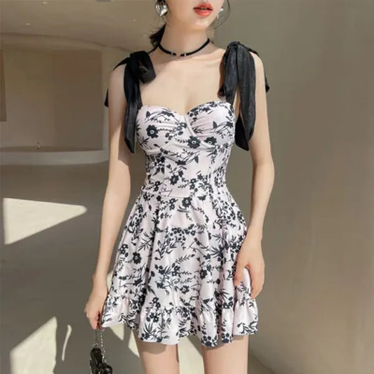 Floral Embroidered Lace-Up Mesh Swimsuit Dress - All Dresses - Swimsuits - 6