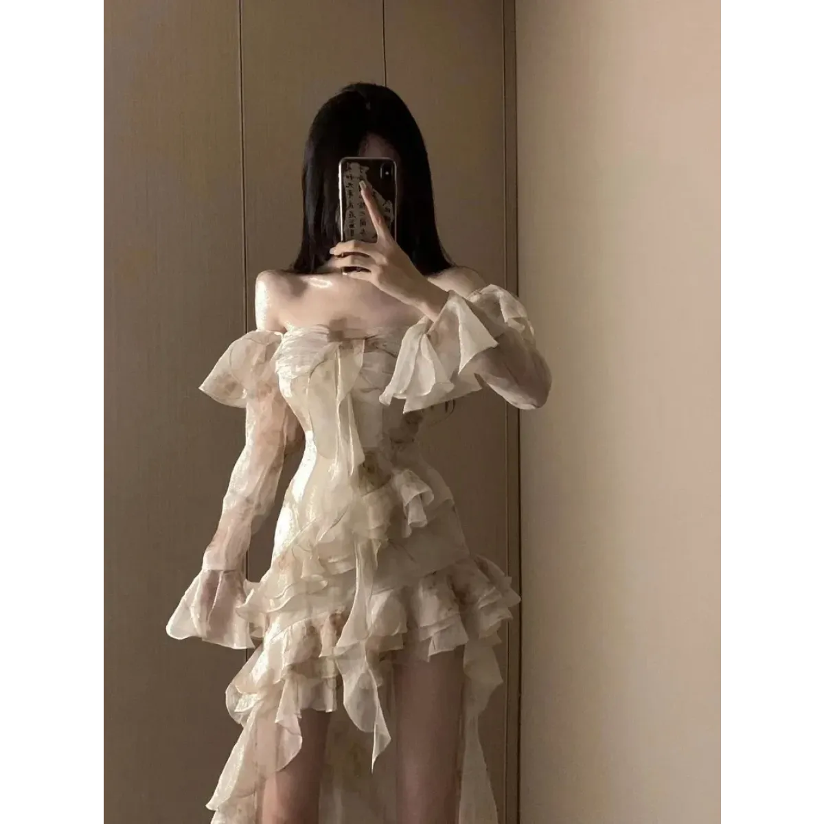 Ruffled Off-Shoulder Irregular Midi Dress - All Dresses - Midi Dress - 1