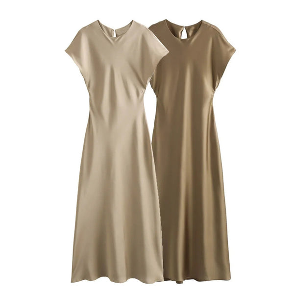 Elegant Satin Keyhole Back Midi Dress - All Dresses - 1