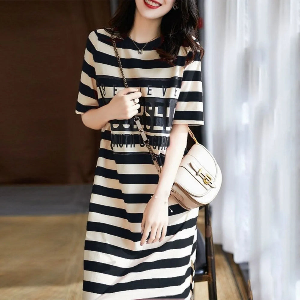 Striped Short Sleeve Midi Dress - Harajuku Summer Fit - All Dresses - Midi Dress - 1