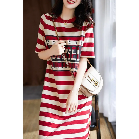 Striped Short Sleeve Midi Dress - Harajuku Summer Fit - All Dresses - Midi Dress - 2