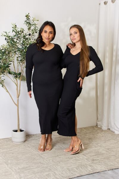 Full Size Ribbed Long Sleeve Midi Slit Dress - All Dresses - Dresses - 11 - 2024