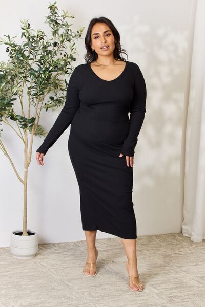 Full Size Ribbed Long Sleeve Midi Slit Dress - All Dresses - Dresses - 3 - 2024