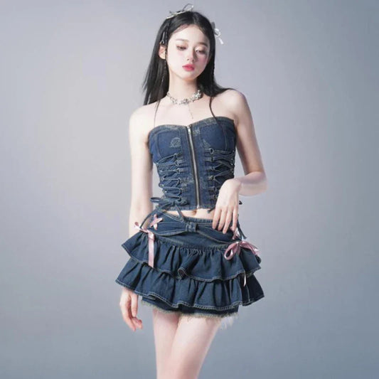 Sweet Kawaii Bow Vintage Mini Denim Skirt - Bottoms - Dance Dresses Skirts & Costumes - 1 - 2024