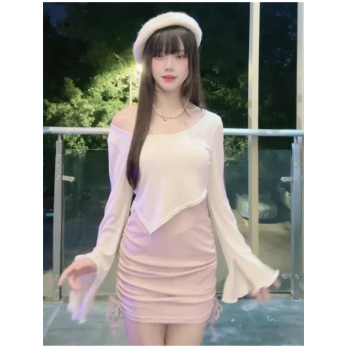 Y2K Bell Sleeve Crop Top & Ruched Mini Dress Set - All Dresses - Sets / Co-ords - 1