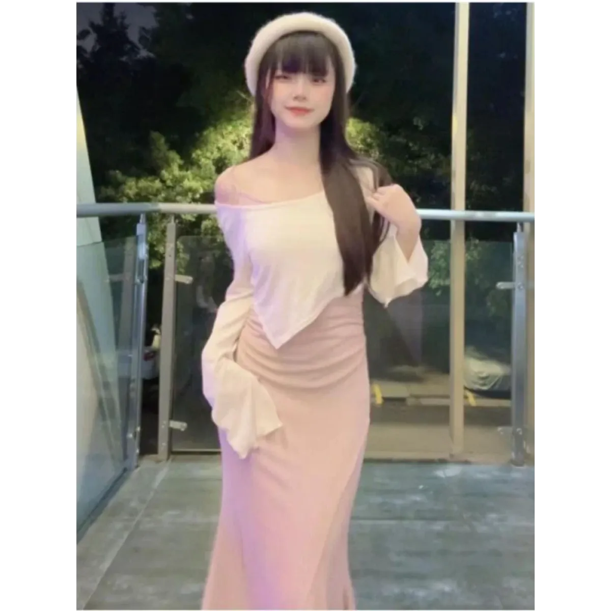 Y2K Bell Sleeve Crop Top & Ruched Mini Dress Set - All Dresses - Sets / Co-ords - 2