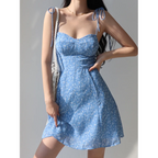 Blue Floral Lace-Up Spaghetti Strap Mini Dress - All Dresses - Mini Dress - 1