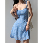 Blue Floral Lace-Up Spaghetti Strap Mini Dress - All Dresses - Mini Dress - 3