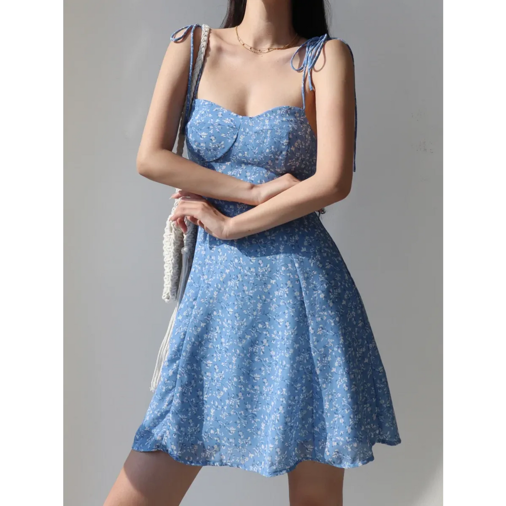 Blue Floral Lace-Up Spaghetti Strap Mini Dress - All Dresses - Mini Dress - 5