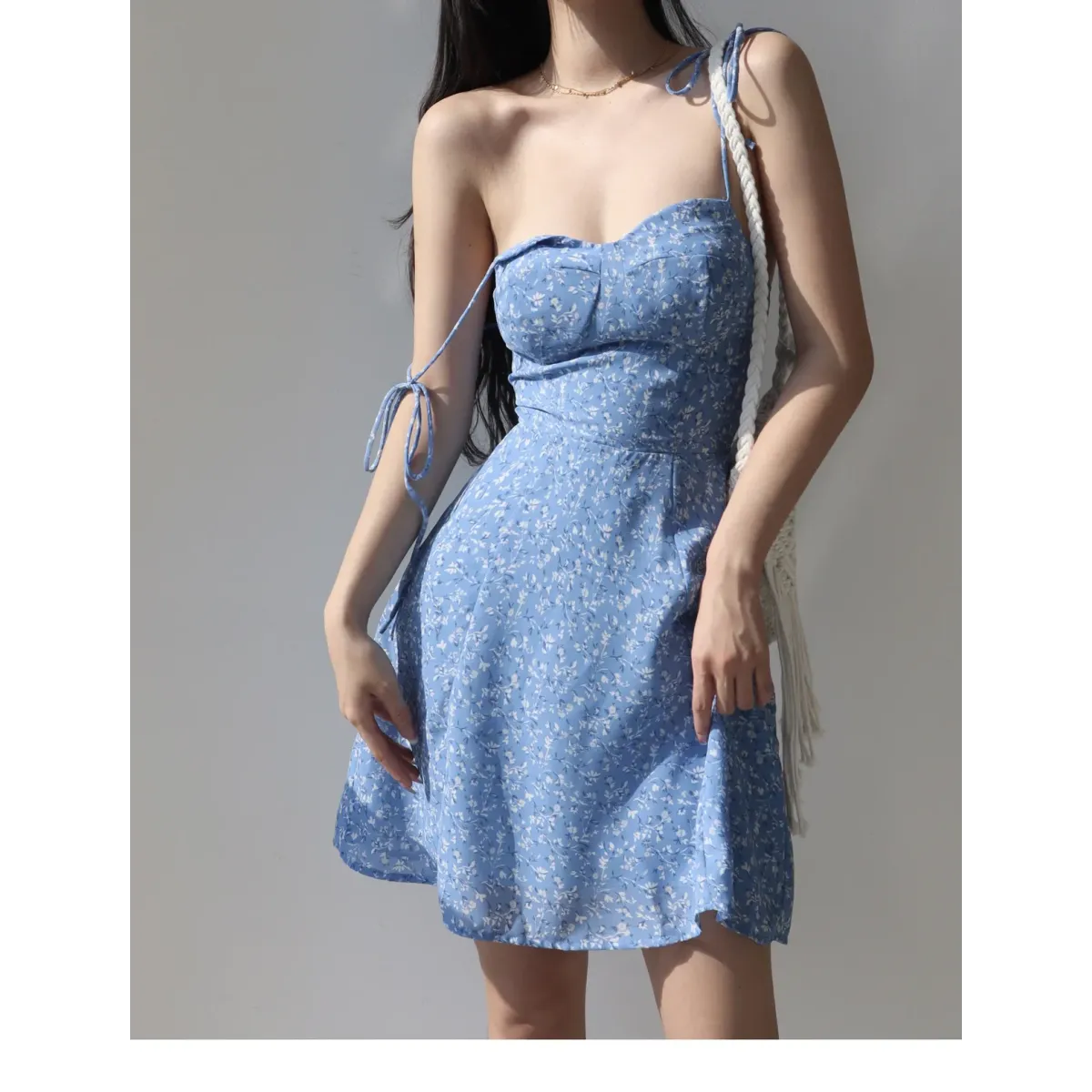 Blue Floral Lace-Up Spaghetti Strap Mini Dress - All Dresses - Mini Dress - 8