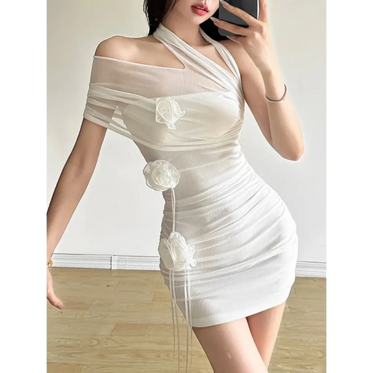 One-Shoulder 3D Flower Mini Dress - All Dresses - Mini Dress - 2