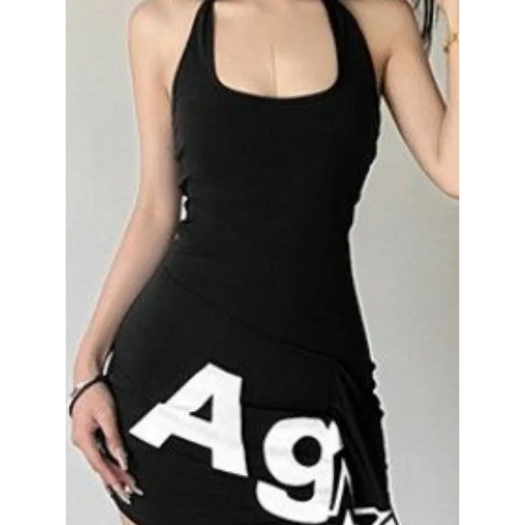 Y2K Letter Print Asymmetrical Halter Mini Dress - All Dresses - Mini Dress - 5