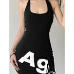 Y2K Letter Print Asymmetrical Halter Mini Dress - All Dresses - Mini Dress - 5