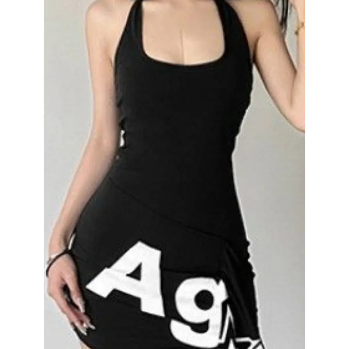 Y2K Letter Print Asymmetrical Halter Mini Dress - All Dresses - Mini Dress - 5