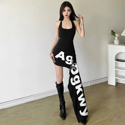 Y2K Letter Print Asymmetrical Halter Mini Dress - All Dresses - Mini Dress - 7