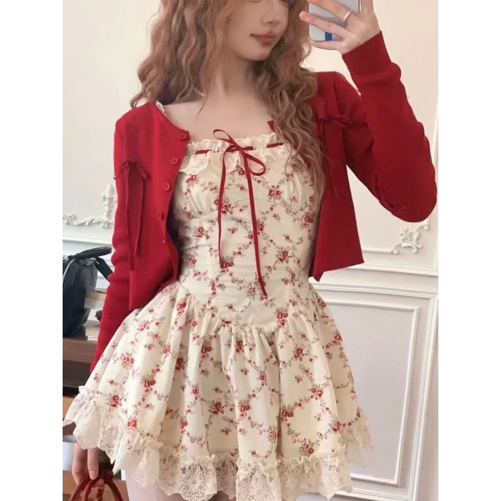 Y2K Floral Lace Mini Dress Set with Knit Cardigan - All Dresses - Sets / Co-ords - 1