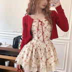 Y2K Floral Lace Mini Dress Set with Knit Cardigan - All Dresses - Sets / Co-ords - 7