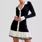 Retro V-Neck Knit Mini Dress with Ruffle Hem - All Dresses - Dresses - 1
