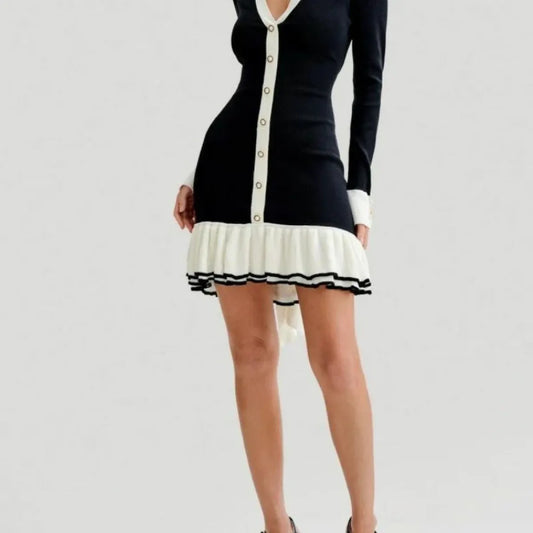 Retro V-Neck Knit Mini Dress with Ruffle Hem - All Dresses - Dresses - 2