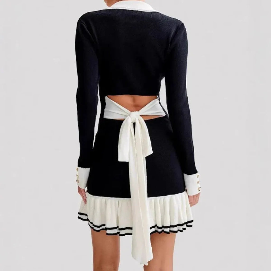 Retro V-Neck Knit Mini Dress with Ruffle Hem - All Dresses - Dresses - 3