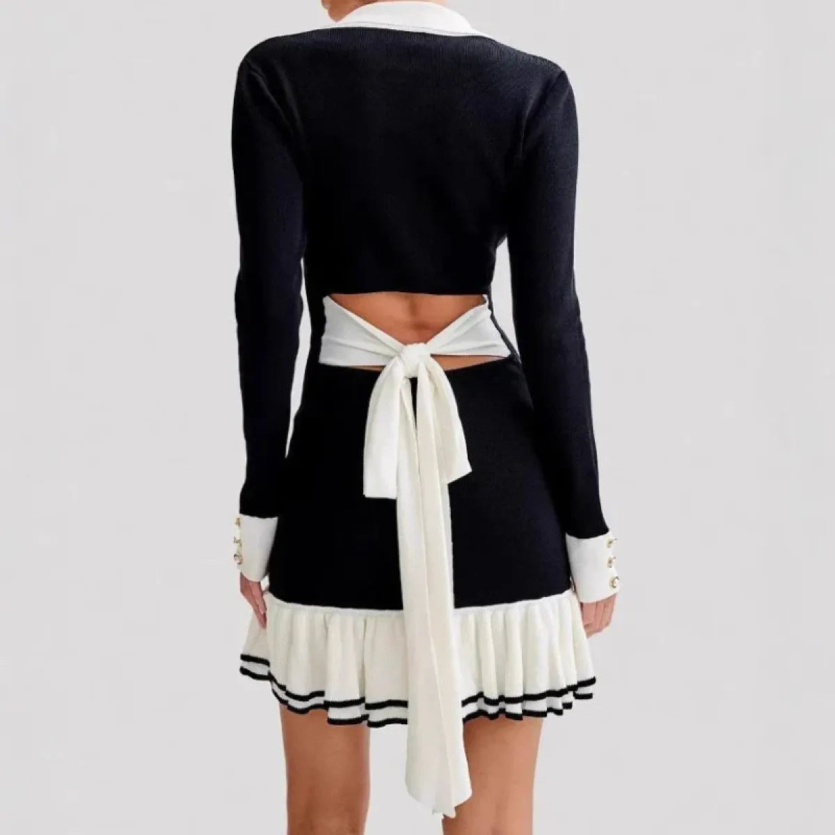 Retro V-Neck Knit Mini Dress with Ruffle Hem - All Dresses - Dresses - 3