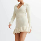 Retro V-Neck Knit Mini Dress with Ruffle Hem - All Dresses - Dresses - 4