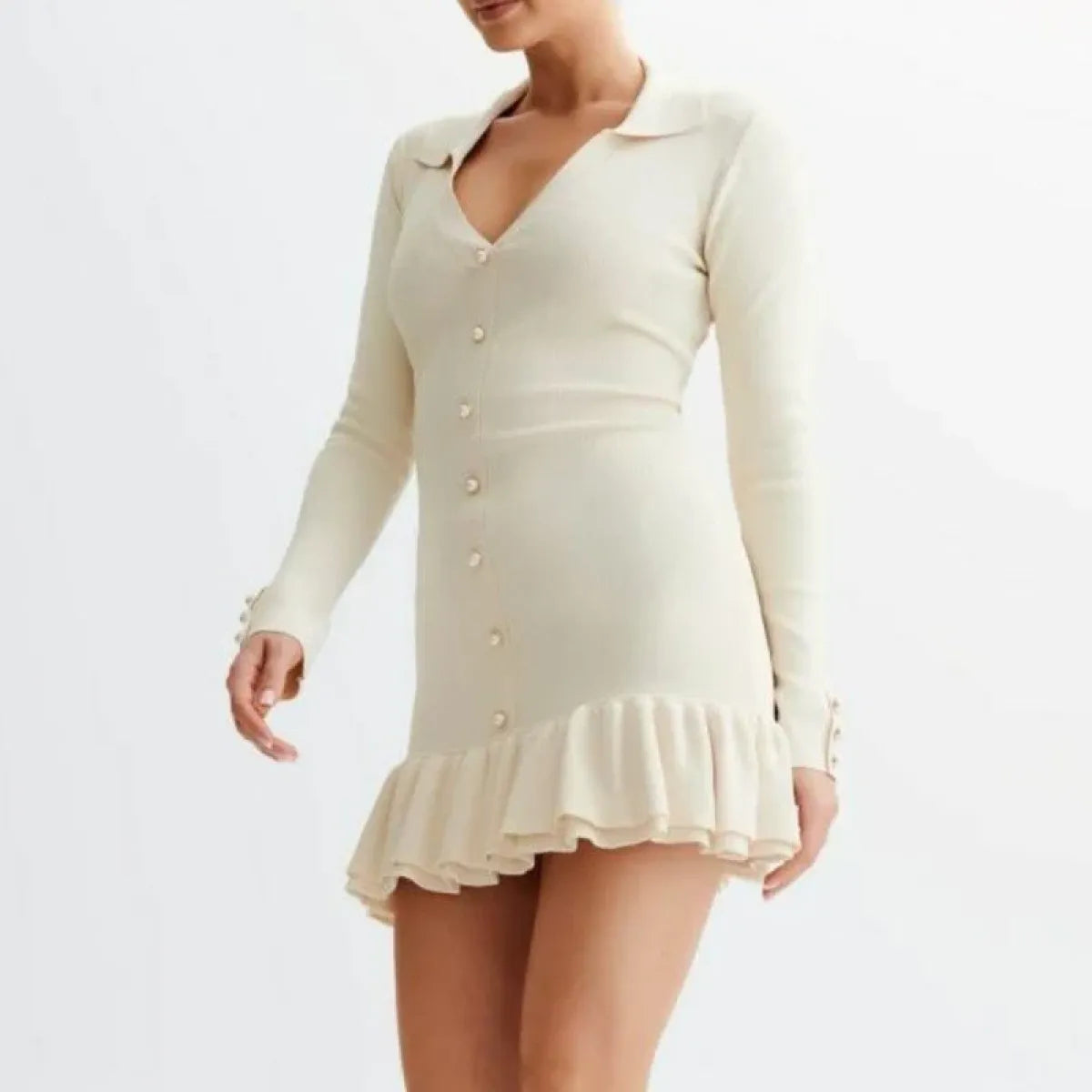 Retro V-Neck Knit Mini Dress with Ruffle Hem - All Dresses - Dresses - 4