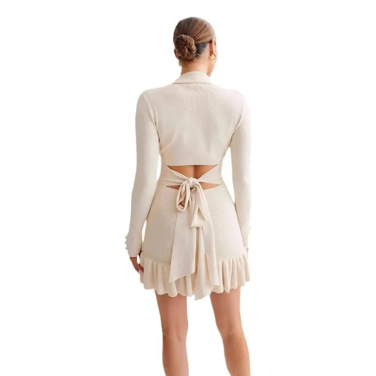 Retro V-Neck Knit Mini Dress with Ruffle Hem - All Dresses - Dresses - 5