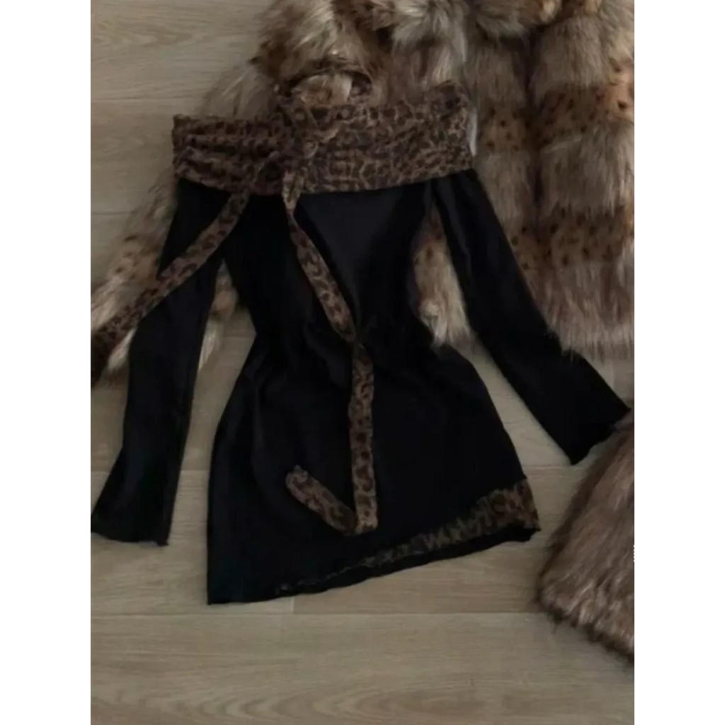 Black Off-Shoulder Mini Dress – Leopard Trim & Belt Detail - All Dresses - Long - Off-Shoulder - Dresses - 2