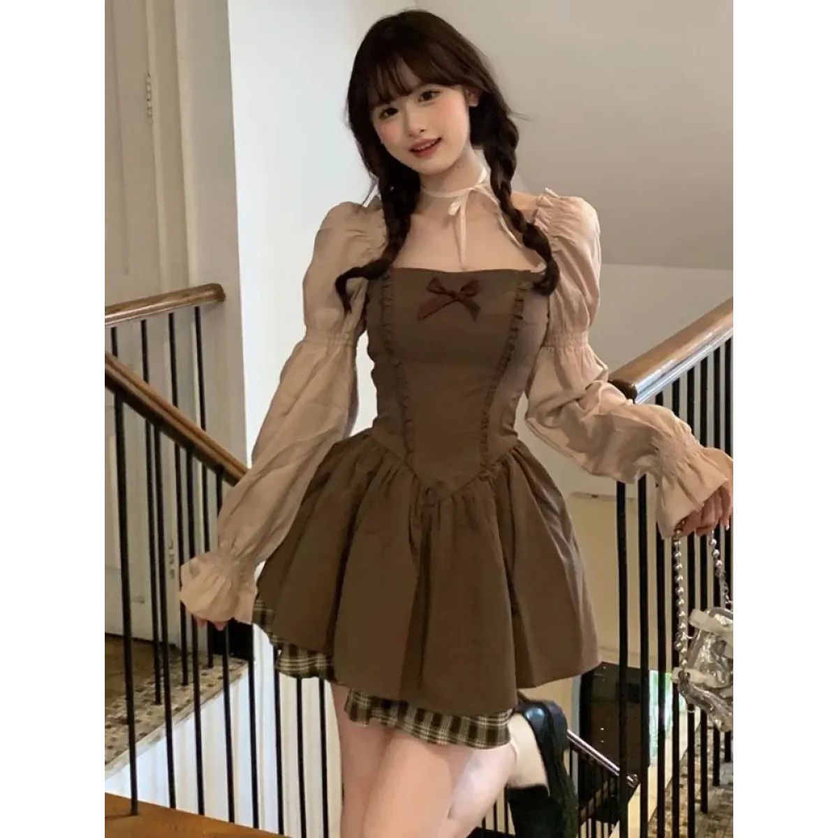 Korean Patchwork Bow Puff Sleeve Mini Dress - All Dresses - Mini Dress - 1