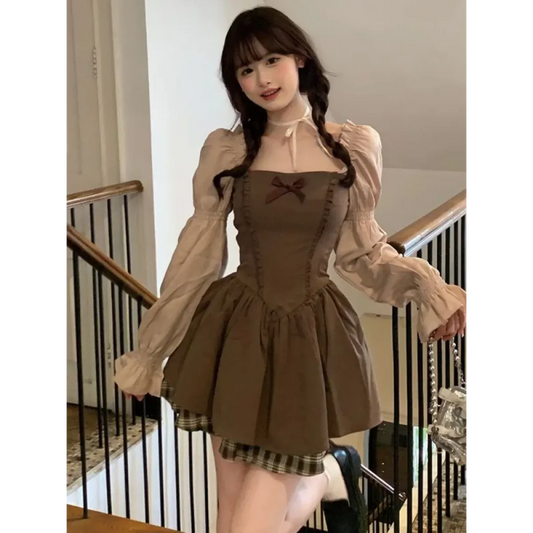 Korean Patchwork Bow Puff Sleeve Mini Dress - All Dresses - Mini Dress - 1
