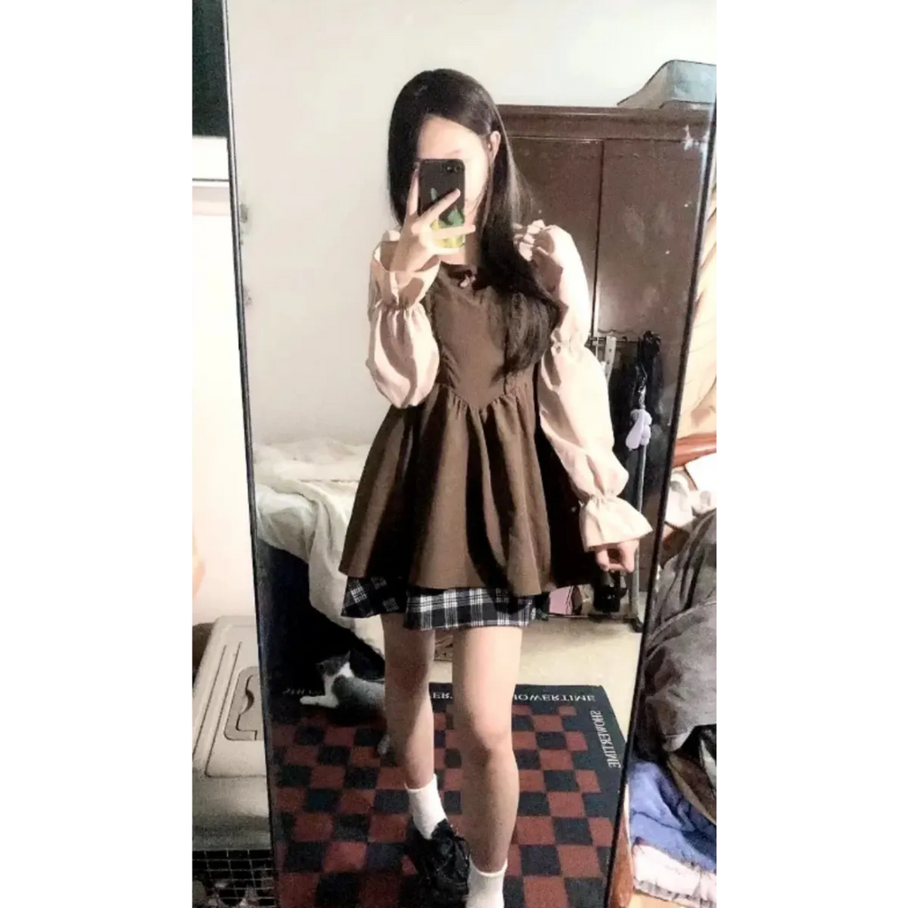 Korean Patchwork Bow Puff Sleeve Mini Dress - All Dresses - Mini Dress - 4