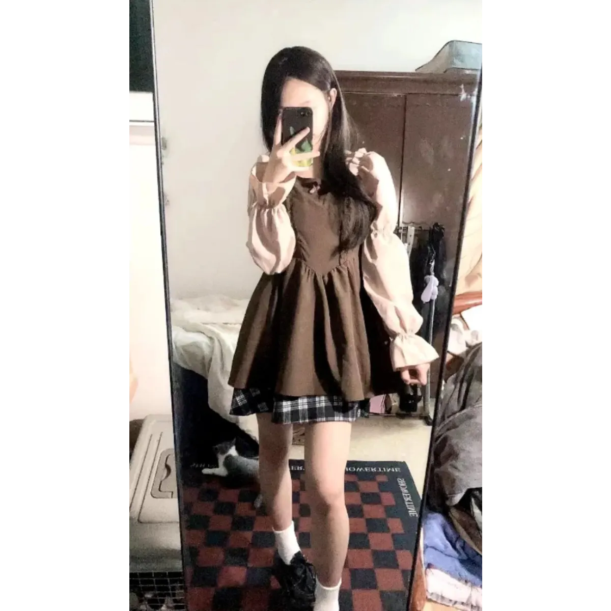 Korean Patchwork Bow Puff Sleeve Mini Dress - All Dresses - Mini Dress - 4