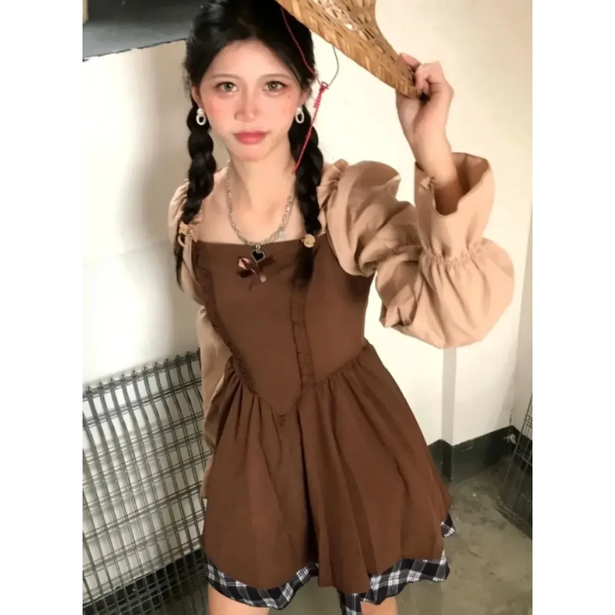 Korean Patchwork Bow Puff Sleeve Mini Dress - All Dresses - Mini Dress - 5