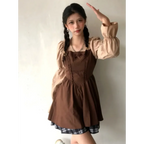 Korean Patchwork Bow Puff Sleeve Mini Dress - All Dresses - Mini Dress - 6