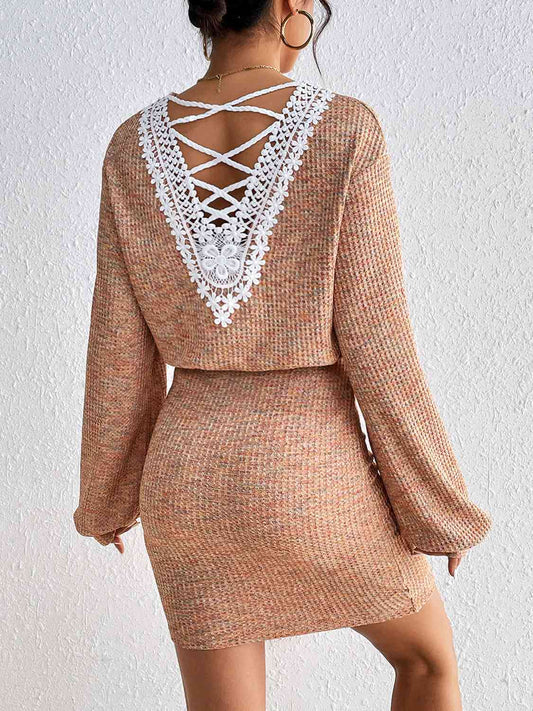 Lace Detail V-Neck Mini Dress - Tan / S - All Dresses - Dresses - 1 - 2024