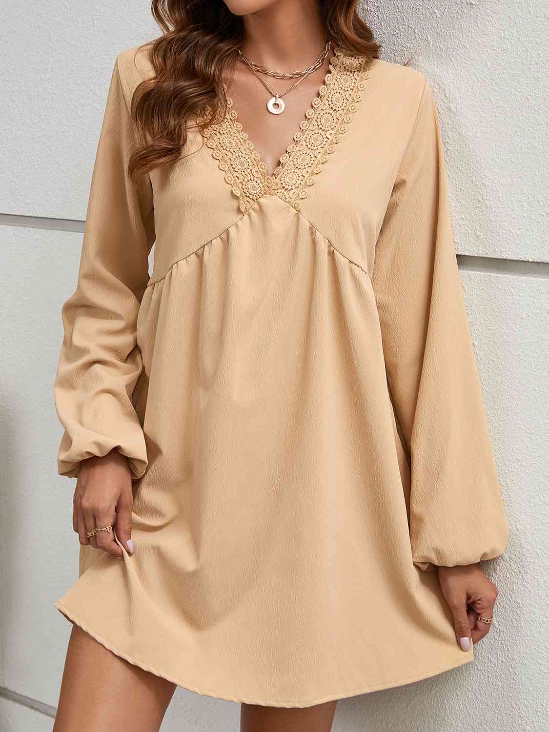 V-Neck Lace Detail Mini Dress - Tan / S - All Dresses - Dresses - 1 - 2024