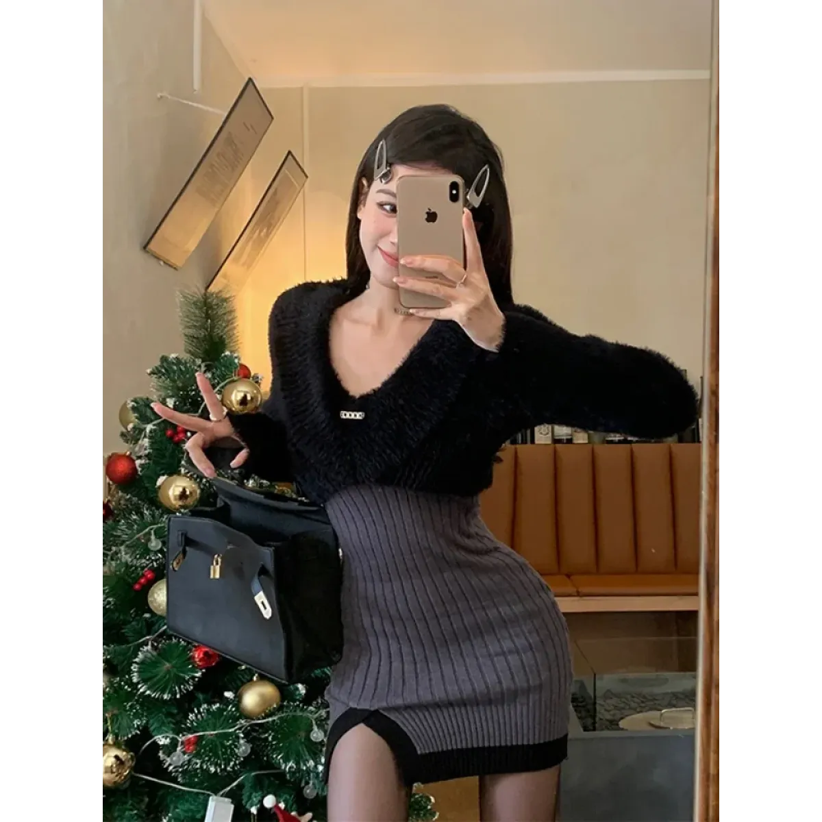 Y2K Knit Mini Dress & Fuzzy Sweater Set - All Dresses - Sets / Co-ords - 2