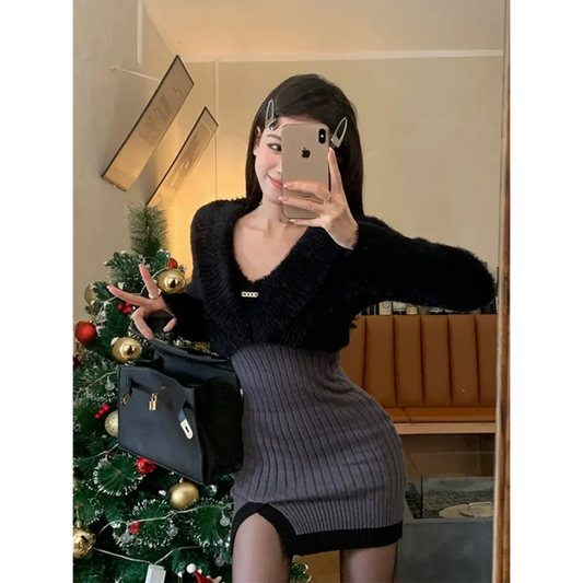 Y2K Knit Mini Dress & Fuzzy Sweater Set - All Dresses - Sets / Co-ords - 2